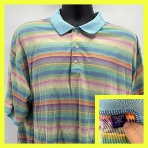 Alan Flusser Mens Large Polo Shirt Mercerized Cotton Rainbow Stripe Multicolor L